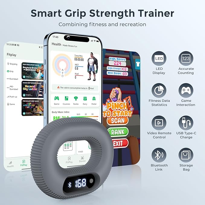 Smart Grip Strength Trainer with Bluetooth App - Squeeze to Control Videos, Play Games & Track Data, Soft Portable Hand Exerciser for Strength, Stress Relief & Rehab
