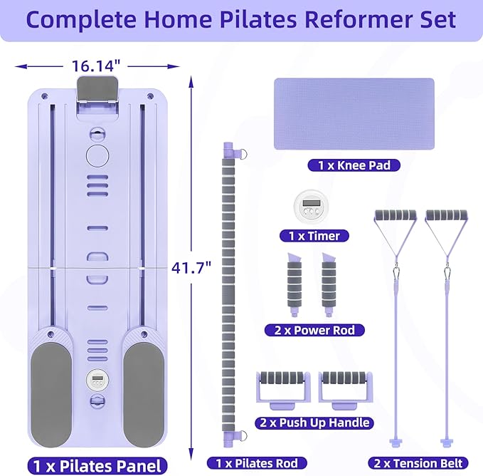 Pilates Board for Home Workout – Upgraded Foldable Pilates Reformer Board Set, Portable Pilates Reformer Machine with Resistance Bands, Ab Wheel & Push-Up Handles, All-in-One Home Pilates Equipment