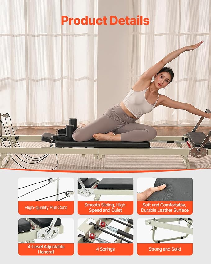 VEVOR Pilates Reformer, 91" Foldable Reformer Pilates Machine with Adjustable Reformer Heights, Pilates Equipment for Home Gym Studio Use with Dual Resistance Spring and Jump Boards