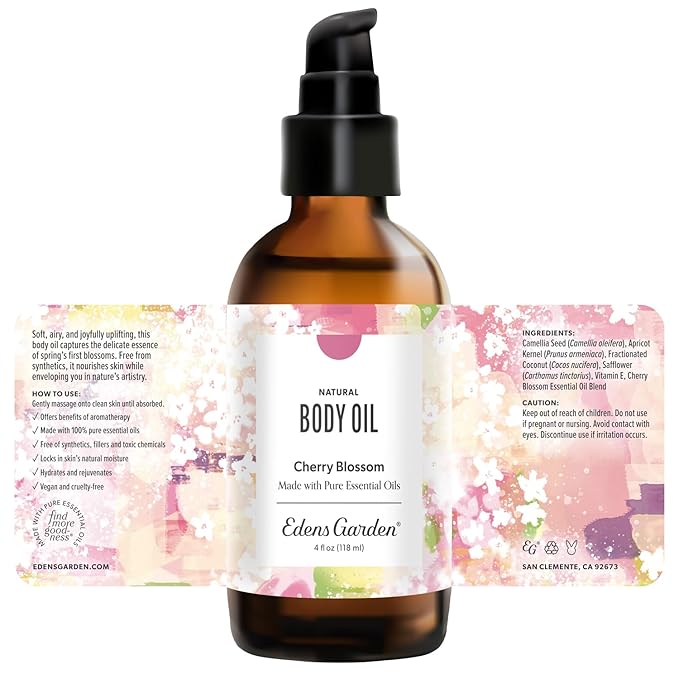 Edens Garden Cherry Blossom Body Oil – Bath, Body & Massage Oil with Pure Essential Oils & Vitamin E, Moisturizing Floral Aromatherapy for Skincare, 4 fl oz (118 ml)