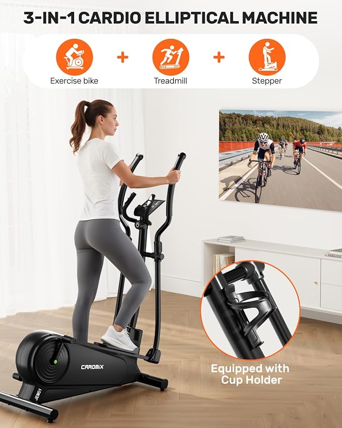 Caromix Elliptical Machine with Magnetic Resistance, Elliptical Exercise Machine for Home with LCD Monitor and Hyper-Quiet Magnetic Driving System, 300LBS Loading Capacity