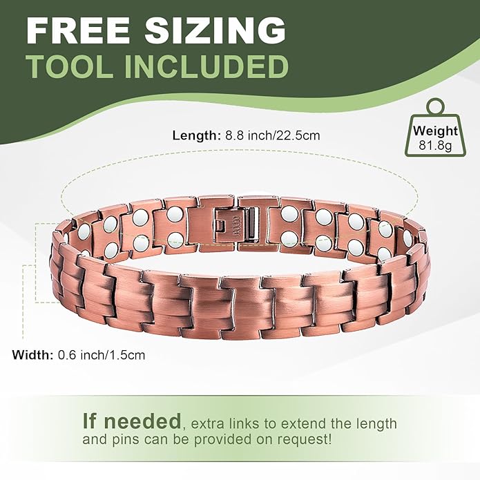 MagEnergy Mens Copper Magnetic Bracelets, 99.9% Pure Copper Bracelet with Double-Row Strength Magnets, Adjustable Jewelry with Sizing Tool