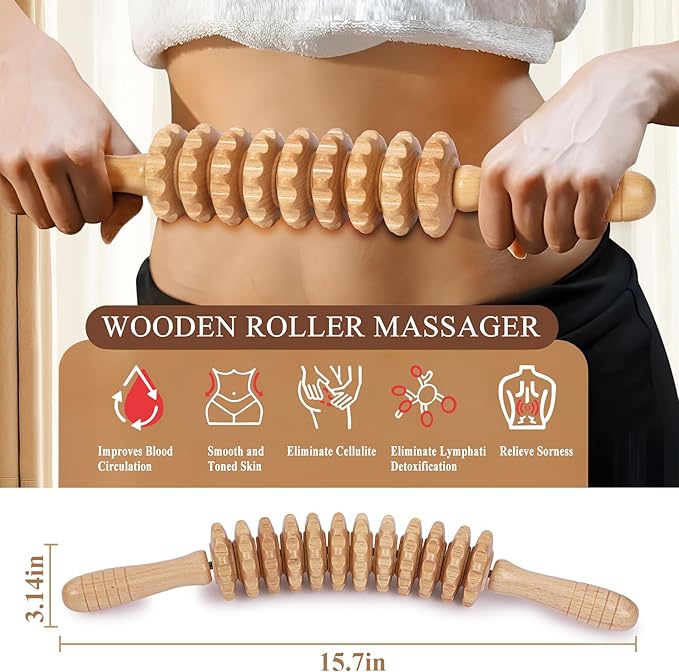 Wood Massage Roller Muscle Roller Fascia Blaster Lymphatic Drainage Massager Wood Therapy Massage Tools for Deep Tissue Muscle Pain Relief(12-Wheel)