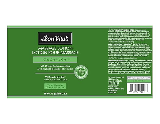 Bon Vital', Organica Massage Lotion, 5 Gallon, Lightweight Massage Lotion for Massage Therapy and Bodywork, Certified Organic Ingredients, Unscented, Professional Spa Use