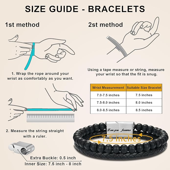LUXEJEW Gifts for Men - Beaded Leather Bracelet 6mm Matte Agate Stone Bracelets for Men Dad Son Husband Boyfriend Grandpa Grandson Brother Uncle Nephew Adjustable Magnetic Clasp