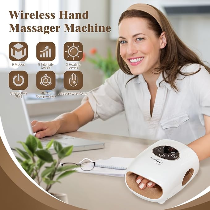 Hand Massager, 9 Modes 9 Intensities Hand Massage, Cordless Hand Massager for Arthritis and Carpal Tunnel, Mother's Day Gifts for Men Women Parents Relaxation at Office, White