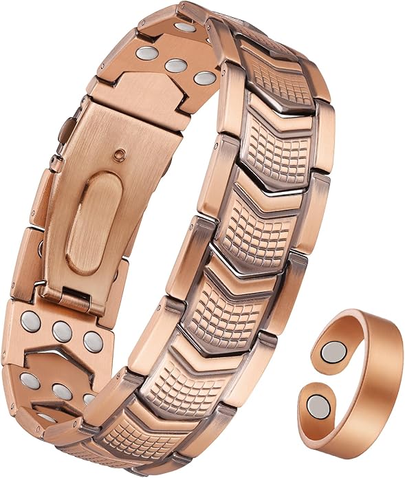 3X Strength Magnetic Copper Bracelet for Men - 99.9% Pure Copper Bracelet & Ring Set - Premium Fold-Over Clasp and Adjustable Length Sizing Tool & Jewelry Box