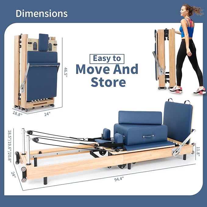 Pilates Reformer Machine,Oak Wood Home Pilates Equipment, Foldable Pilates Reformer with Reformer Box, Jump Board for Home Workouts and Body Exercises, Suits for Studio Gym Yoga