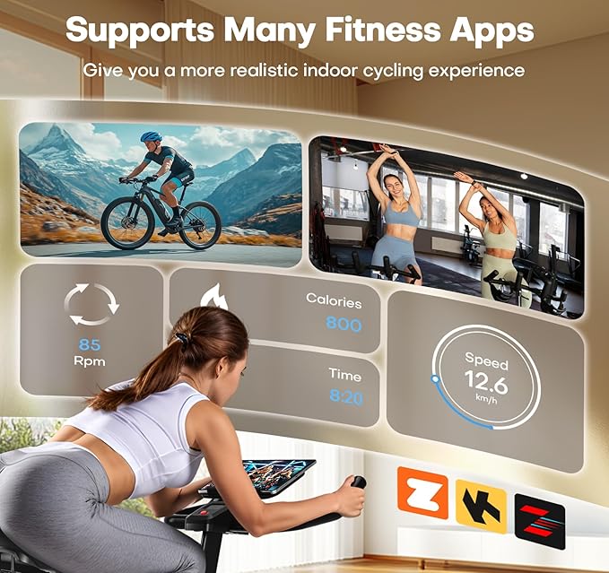 CHAOKE Exercise Bike, Quiet Adjustable Magnetic Stationary Bike for Home Cardio with App Compatible, 350LB Weight Capacity Indoor Cycling Bike with Large Seat, Dumbbell Rack, Pull Cords & LCD Display