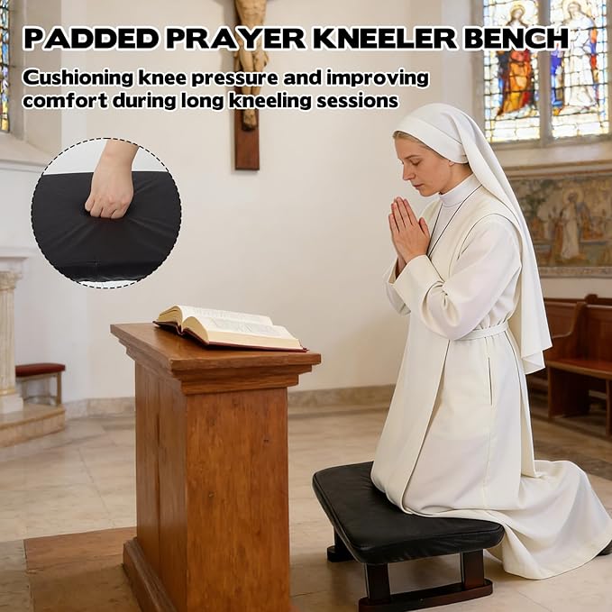 Walnut Prayer Kneeler with Thick Attached Cushion, Wooden Prayer Bench with Removable Washable Fabric Cover, Sturdy Kneeling Stool for Home Prayer and Meditation