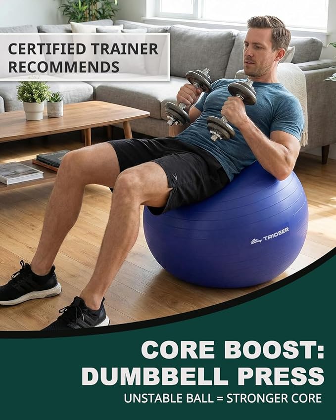 Trideer Exercise Ball for Yoga, Pilates & Fitness – Stability Ball Equipment for Home Gym & Office Chair, Core & Balance Training Accessories, Physical Therapy Equipment, Quick Pump Included, 5 Sizes