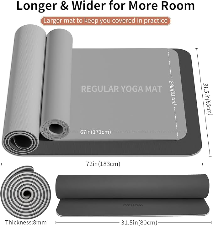 Extra Thick 8mm Yoga Mat, 72"x28" Non Slip Exercise Mat, Reversible 2-Sided Dual Color Premium POE Material, with Carrying Strap for Yoga, Pilates, Home Gym