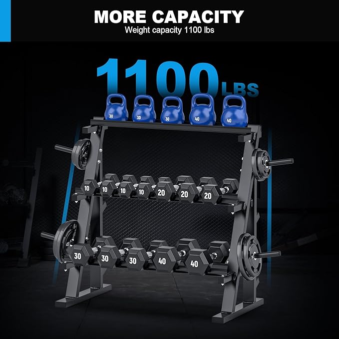 Adjustable Dumbbell Rack,3-Tier Dumbbell Rack with 1100 LBS Weight Capacity Accommodates Barbell Plates, Dumbbells and Kettlebells Space-Saving Weight Rack for Home Gym (Stand Only), Black