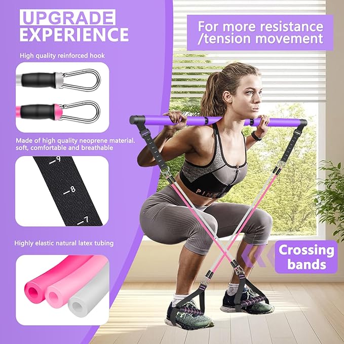 Pilates Bar Kit with Resistance Bands,Ab Roller,2 in 1 Foot Strap & Handle,Door Anchor Pilates Equipment with Resistance Bands, Portable Home Gym Yoga Fitness Bar for Women & Men