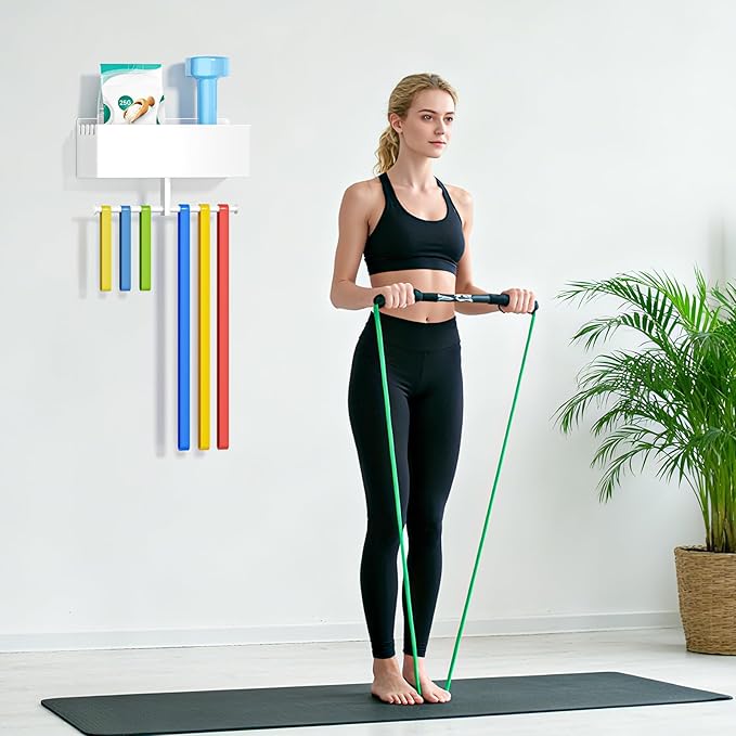 Home Gym Wall Storage, White Resistance Bands Rack Hanger Metal, Wall Mounted Fitness Bands Holder, Multi-Purpose Heavy Duty Workout Gym Storage Rack for Resistance Bands, Straps, Jump Ropes (White)