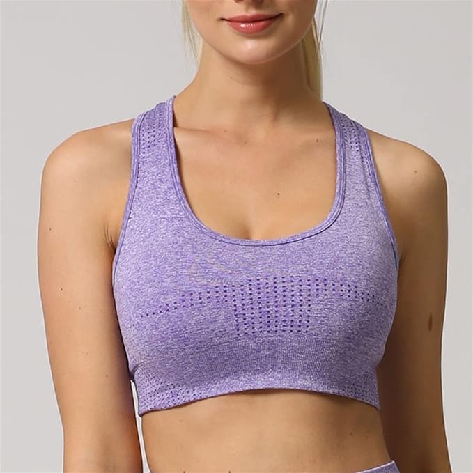 Yoga Set Seamless Women Long Sleeve Blouses Top Gym Sport Bra High Waist Tight Leggings Fitness Suit Shorts Sets (Color : Purple Bra, Size : Small)