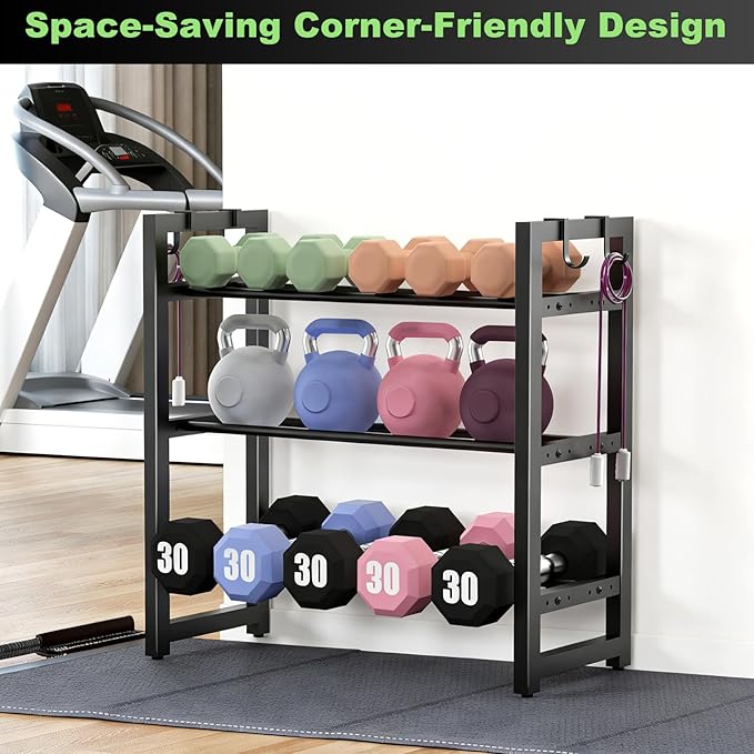 3 Tier Small Adjustable Dumbbell Rack, 390LBS Heavy Duty Weight Storage Rack with Side Hooks, Space-Saving Weight Rack for Home Gym (Rack Only)