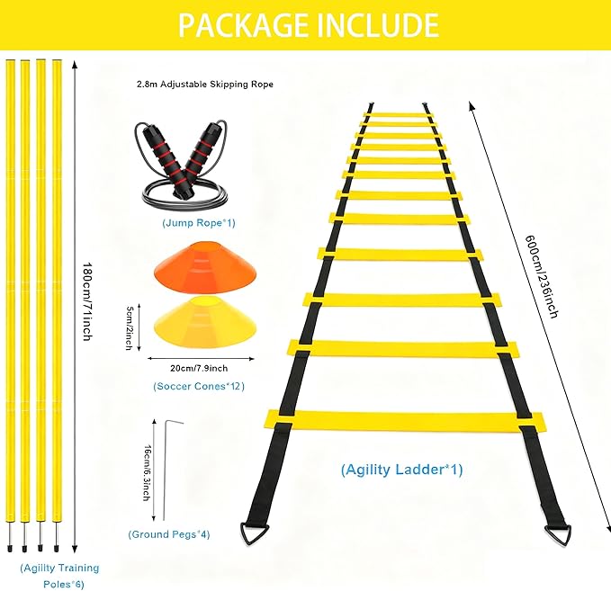 Agility Training Set for Soccer & Football - 20FT Speed Ladder, 12 Cones, and Training Aids for Kids Youth Sports Practice, Footwork Drill Kit