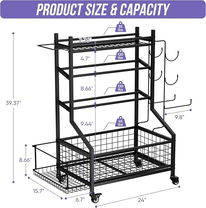 WUC Dumbbell Rack, Adjustable Weight Rack for Home Gym Storage, All-in-One Workout Storage Racks with Wheels and Hooks for Dumbbells, Kettlebells, Yoga Mats & Balls, Durable Powder Coated Steel, Black
