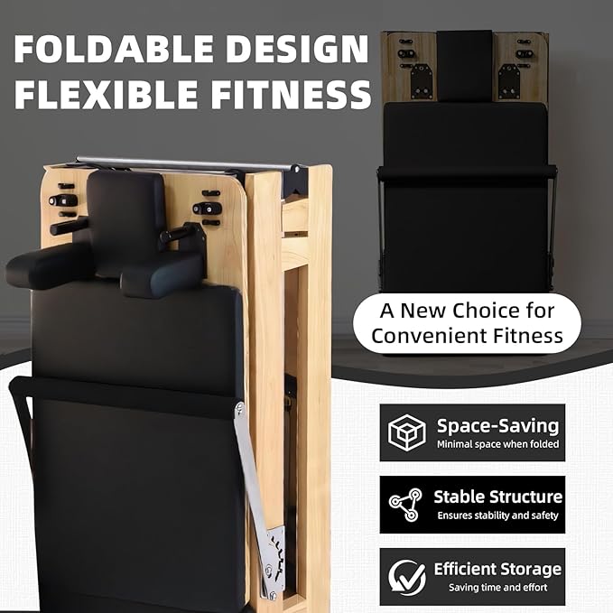 Foldable Pilates Reformer & Equipment for Home use One-Piece Rubber Wood Foldable Reformer Pilates Machine, Pilates Bed for Studio Home Gym Yoga Workout Mute Pilates Chair( Black)