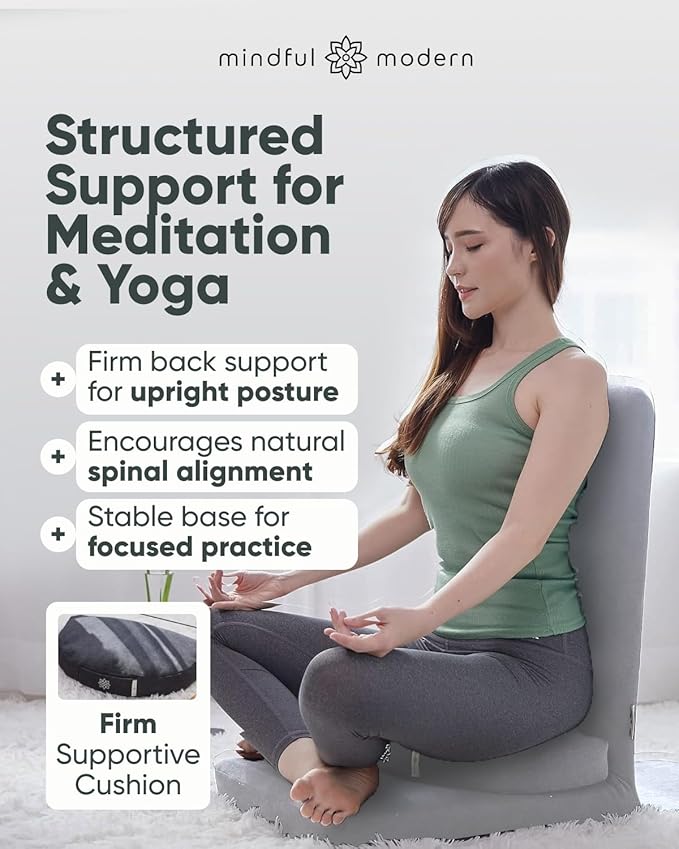 Mindful Modern Folding Pro Meditation Chair - Adjustable Meditation Seat with Back Support and Half Moon Buckwheat Meditation Cushion - Comfortable Mindfulness Living Room Floor Chair