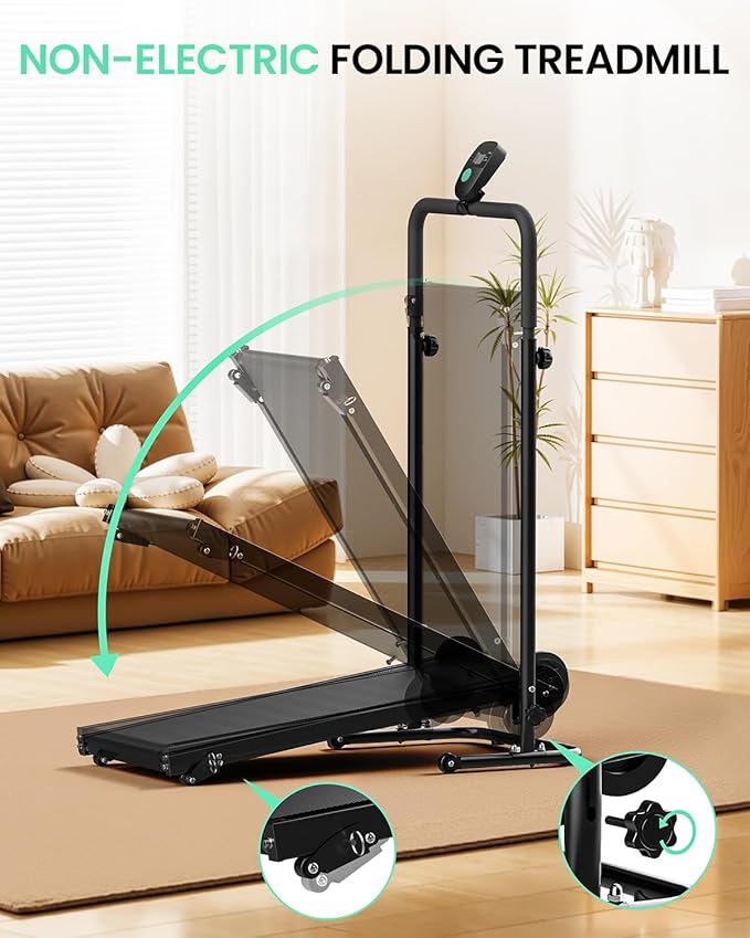 Non-Electric Treadmill with Dual Flywheel & Fixed Incline - Motorless Treadmill with LCD Monitor, Non-Slip Belt, Compact Foldable Design for Small Home/Gym Use, Soft Foam Grips for Walking/Jogging