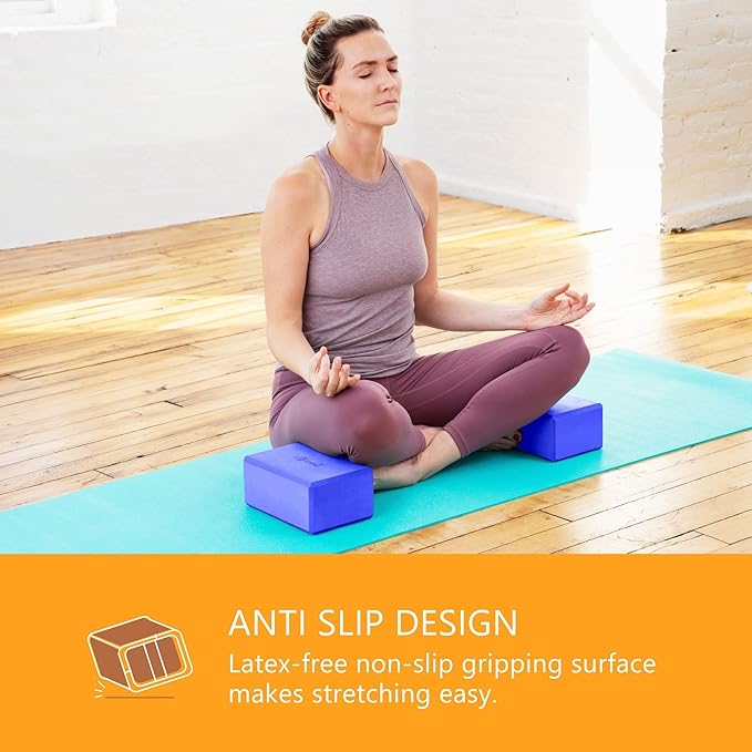 Sol Living Yoga Blocks 2 Pack High Density EVA Foam Yoga Cushion Stretching Pilates Meditation Exercise Equipment Support Deepen Poses Odor Free Non Slip Yoga Accessories - 4" x 6" x 9"- Blue