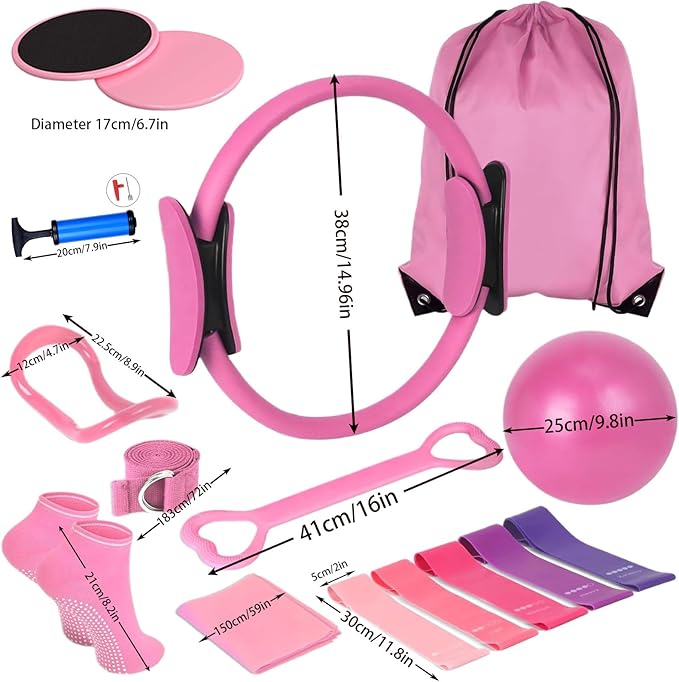 15PCS Pilates Kit for Home Workouts, Pilates Equipment with 14.9" Pilates Ring and Ball, Resistance Bands, Ankle Weights, Sliders & Grip Socks Accessories for Women Full Body Shaper