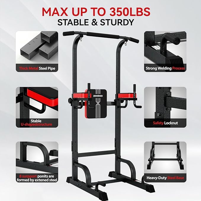 Power Tower Dip Station Pull Up Bar for Fitness Home Gym Workout,Multi-Function Adjustable Height Fitness Strength Training Exercise Equipment,with Power Elastic Ropes