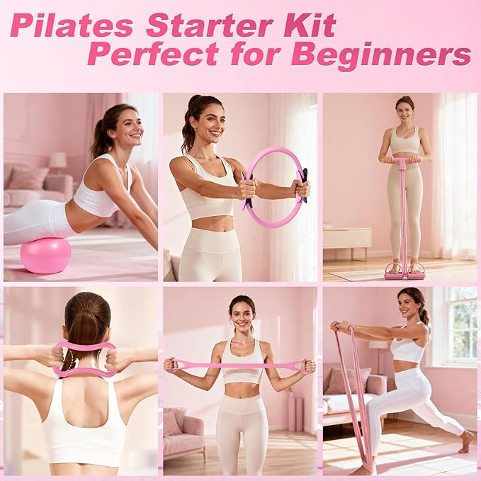 Pilates Kit 14 Pcs, Pilates Essentials Kit for Women, Pilates Equipment for Home with Yoga Circle Ball Ring, 5 Resistance Bands,Pedal Puller Resistance Band,Anti-Slip Socks for Starter Set Accessories