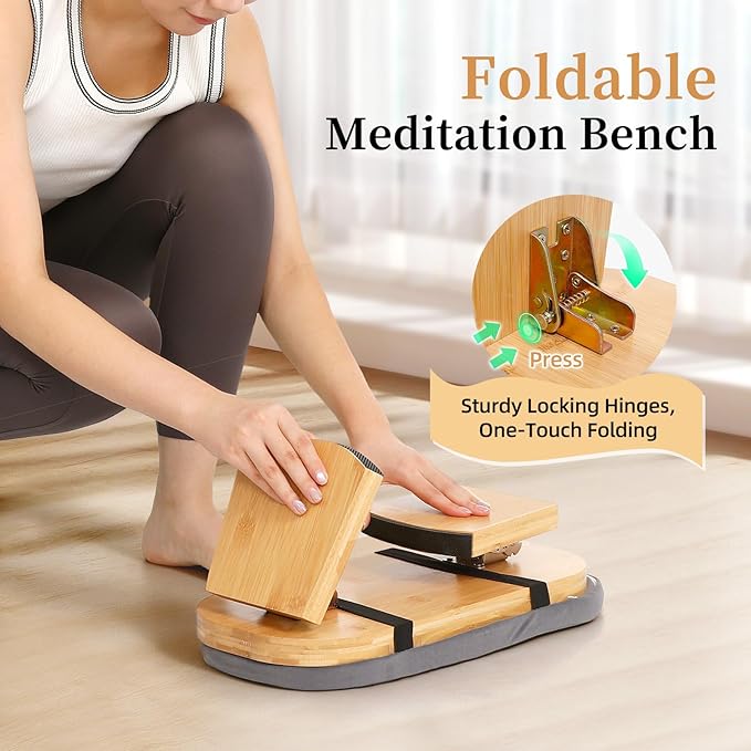 Meditation Bench, Folding Meditation Chair with Cushion, Bamboo Meditation Stool with Anti-Slip Mat, Adjustable Yoga Stool with Curved Bottom Edges, Prayer Bench