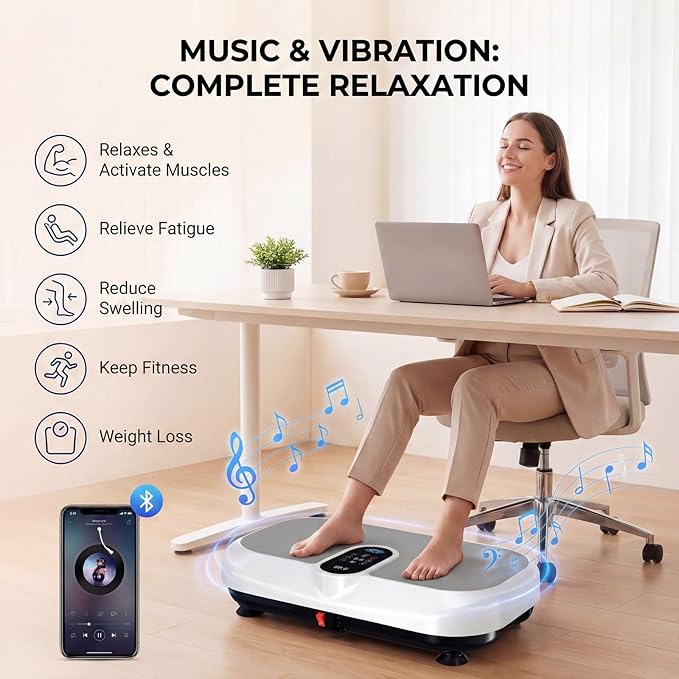 Vibration Plate Exercise Machine for Lymphatic Drainage & Weight Loss, Heated Vibrating Platform Full Body Workout Equipment, 440lb Capacity Home Gym Shaker Board with Bluetooth & Resistance Bands