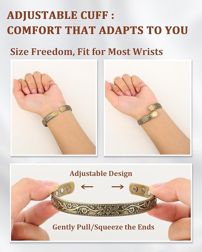 BioMag Copper Bracelet & Ring for Women, 99.99% Pure Copper Magnetic Bracelet Lymphatic Drainage Rings with 3500 Gauss Magnets, Adjustable & Flower Pattern (Antique Bronze Tone)