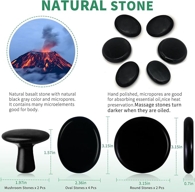 Hot Stones for Massage-6 Large Essential Basalt Massage Stones Set (3.15in) with 2 Mushroom Shape Gua Sha Facial Tools, Massage Tools for Professional or Home SPA, Relaxing, Pain Relief