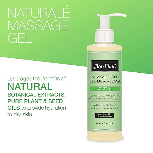 Bon Vital' Naturale Massage Gel, 8 oz Bottle with Pump, Hypoallergenic & Paraben-Free, Natural Massage Lotion Alternative with Botanical Extracts, Lightweight & Non-Greasy Formula, for Sensitive Skin