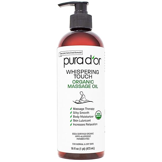 PURA D'OR 16 Oz Organic Massage Therapy Oil USDA Certified Body Moisturizer & Skin Lubricant for Aromatherapy & Relaxation, Silky & Softer Skin (Packaging May Vary)
