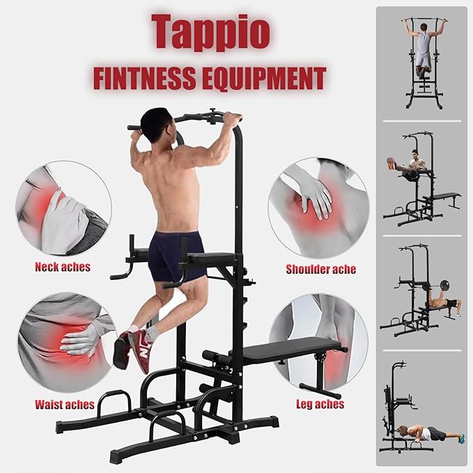 Power Tower Pull Up Bar for Home Gym, Multi Functional Pull Up Bar Stand Dip Bar Station with Weight Bench, Adjustable Height Workout Dip Station Strength Training Fitness Equipment