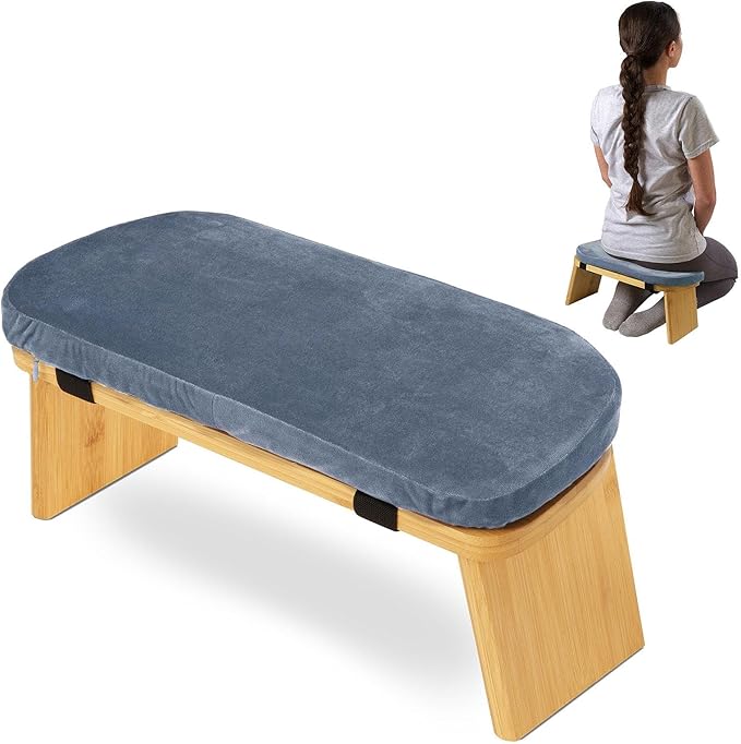 Yiju Meditation Bench Kneeling Stool Ergonomic Wood with Soft Cushion, Foldable, Portable Prayer Bench, Meditation Stool, Gray Blue