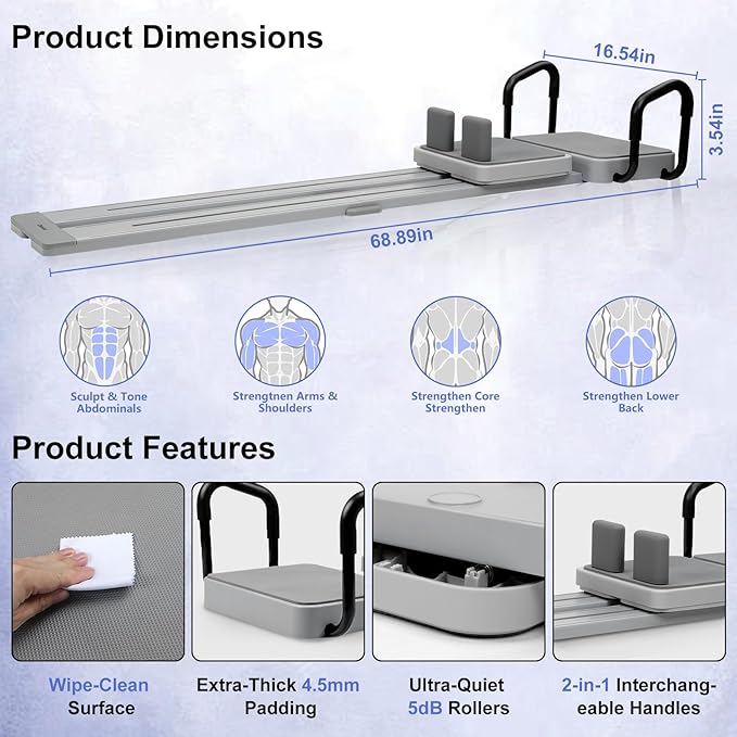 Pilates Reformer -Pilates Board with 66.9'' Extended Track Portable Multifunctional Abdominal Pilates Ski Machine for Home Workout Equipment, Pilates Machine