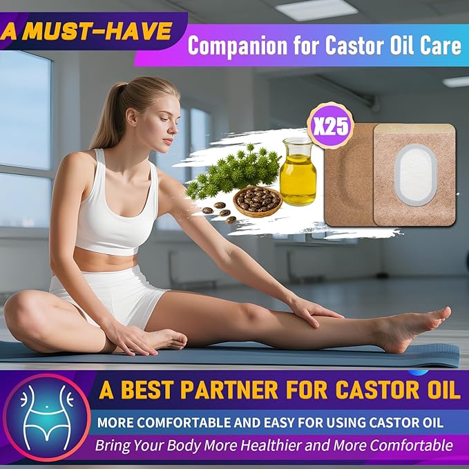 Castor Oil Pack Wrap Patch - Organic Cotton Castor Oil Belly Button Pad, Disposable Self-Adhesive Abdominal Pads, Portable Anti Leakage High Absorbent Patch for Multi-Area Use 25Pcs