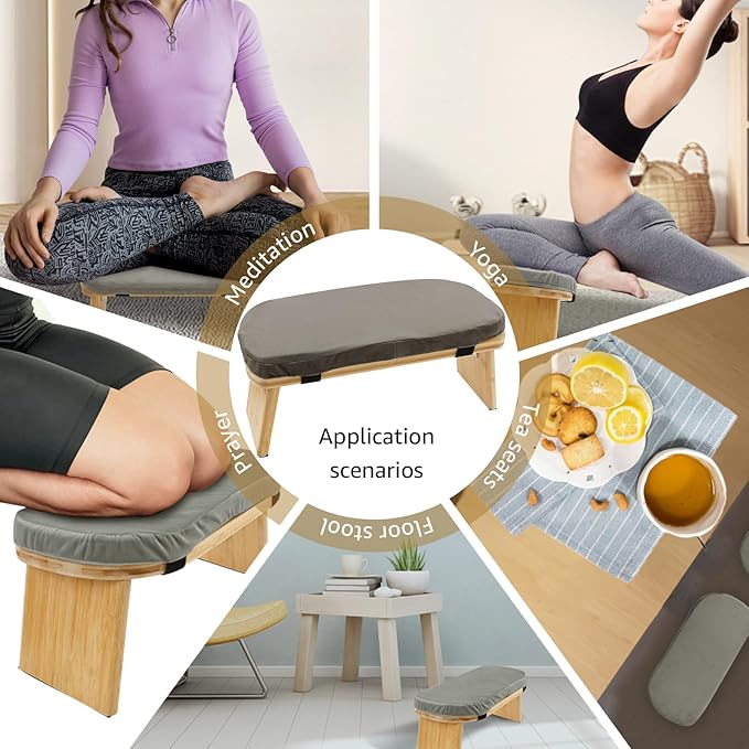 Meditation Bench, Ergonomic Design, Sustainable Bamboo with Folding Kneeling Meditation for The Perfect Posture Meditation Cushion, Meditation Stool, Prayer Bench, Meditation Chair, Yoga Stool (Grey)