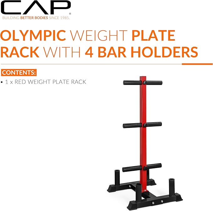 CAP Barbell Olympic Bumper Plate Tree Rack with Weight Plate Posts and Barbell Storage Holders – Multiple Options – Heavy-Duty Steel Gym Organizer for Olympic Plates and Bars