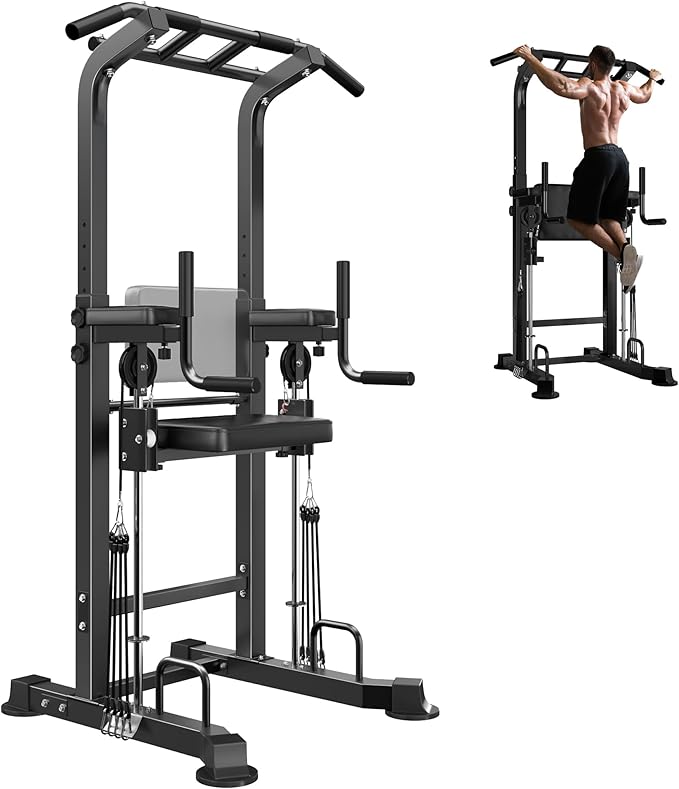 soges Power Tower Dip Station with Assisted Pad, Height Adjustable Pull Up Bar Station for Home Gym, Multi-Function Strength Training Full Body Workout Equipment, 330 Lbs, Black