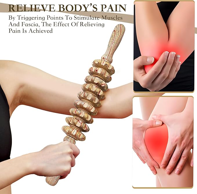 Wood Therapy Massage Roller Stick with Release Myofascial Trigger Points, Massager Tool for Cellulite Reduction, Muscle Tension and Lymphatic Drainage Physical Therapy Recover (Wood Grain)
