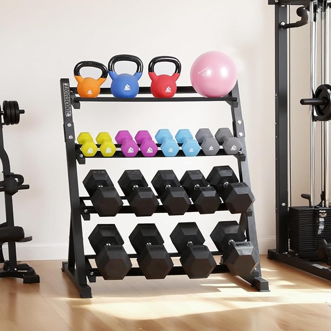 LIONSCOOL Adjustable Dumbbell Rack Stand, 4 Tier Heavy Duty Weight Storage Dumbbell Rack for Dumbbells & Kettlebells, Compact Space-Saving Organizer Stand for Home Gym, 1000+ LB Capacity