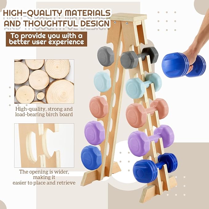 Collingmill 5 Tier A Frame Dumbbell Rack Stand, 200 Lbs Capacity Wooden Weight Organizer for Women Home Gym, Compact Birch Plywood Storage for Dumbbells Workout Equipment