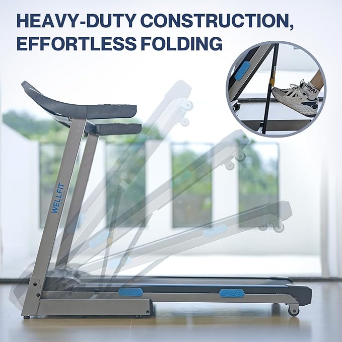 WELLFIT Folding Treadmills with Incline, Under Desk Walking Pad, Treadmill for Home Office with Handle Bar, 4 in 1 Smart Treadmill Work with KINOMAP Easy Move Upright Place, Manual Auto Incline Option