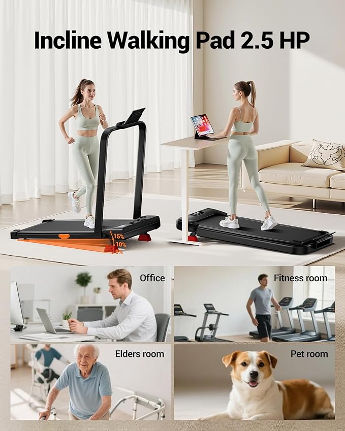 3-in-1 Walking Pad with 15% Incline, Portable Under Desk Treadmill, Foldable Treadmills for Home and Office, 2.5 HP Quiet Walking Pad Treadmill with 300 LBS Capacity