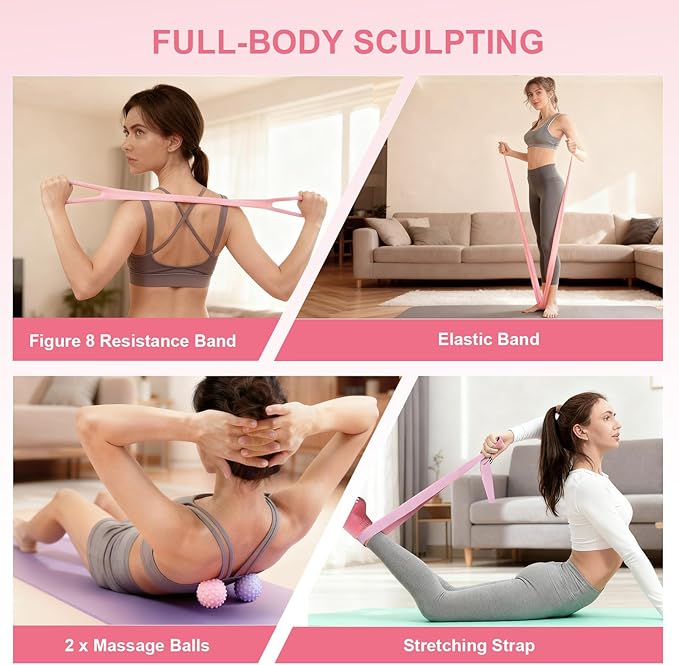 Pilates Ring and Ball Set for Women, Home Workout Pilates Kit, Magic Circle Hoop with 5 Resistance Bands, Pilates Equipment Fitness Essentials Starter Set Accessories