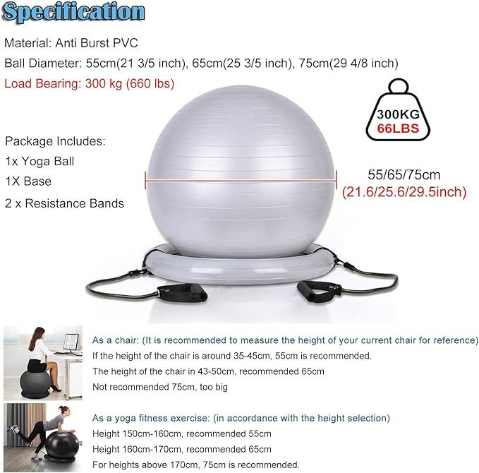 Backless Balance Ball Chair Exercise Stability, 21 25 29 Inch Pregnancy Labor Medicine Ball Chair for Home Gym Office, Gray Exercise Ball Kit with Base & Bands(Diameter 75cm(29 4/8 inch))